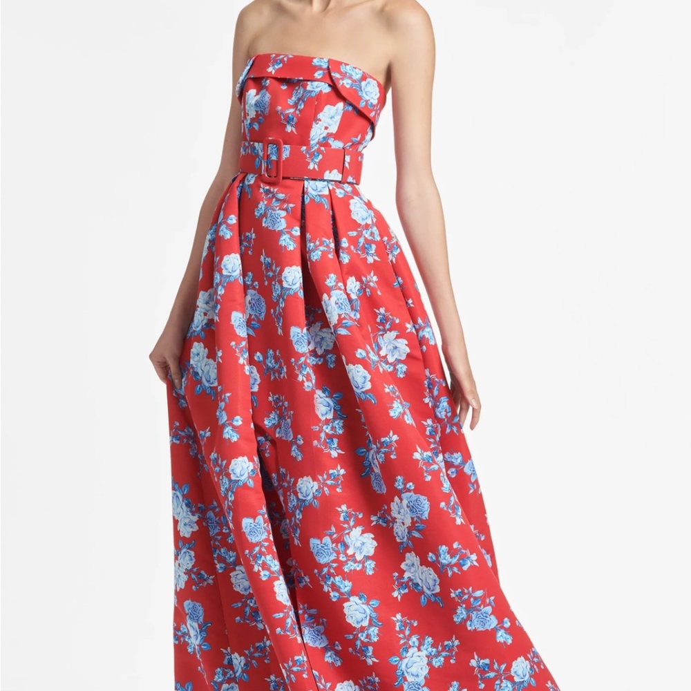 Sachin & Babi Brielle Red Blue Floral Strapless Formal Gown Size 12